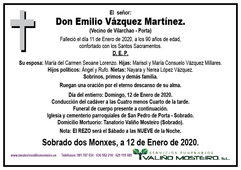 Esquela de Emilio Vázquez Martínez.